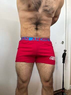 Andrew Christian Red Sports Shorts with Blue Logo Waistband, Size Large